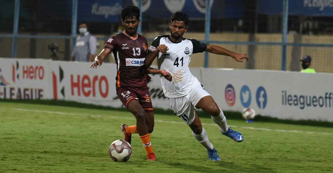 Action between Mohammeda SC (white) and Gokulam Kerala in the I-League. Photo: Special arrangement