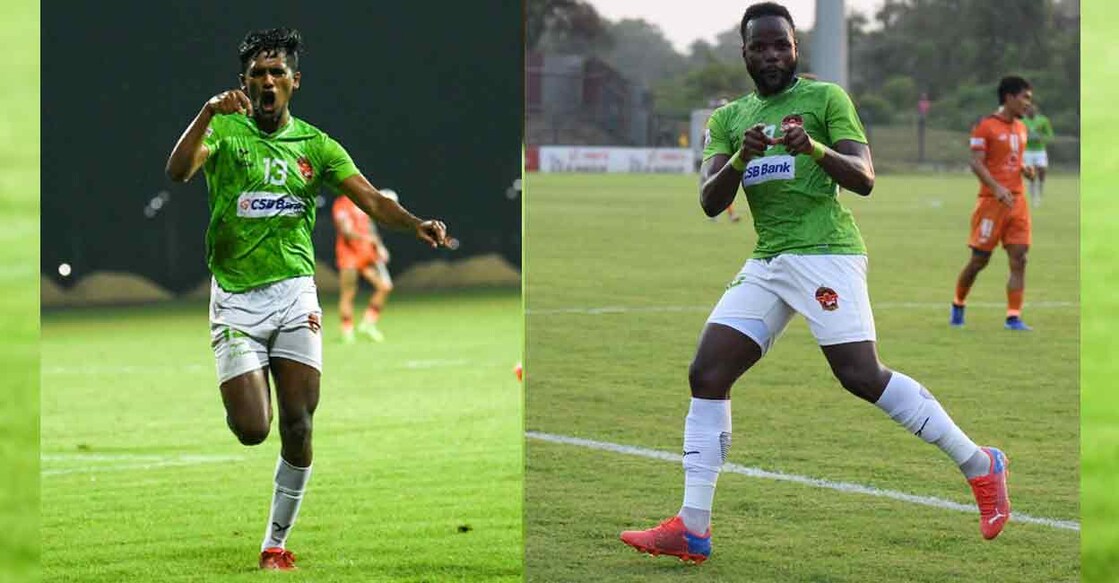 Sreekuttan VS and Jourdaine Fletcher of Gokulam Kerala celebrate their goals against RoundGlass Punjab in the I-League. Photos: Special arrangement