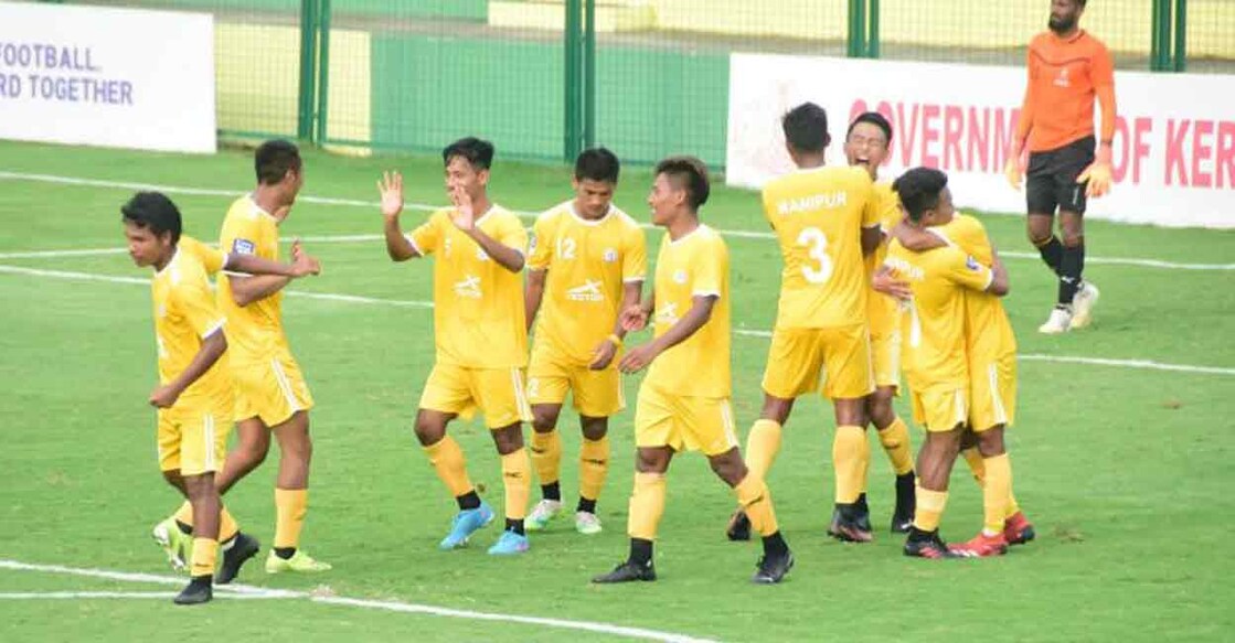 Manipur players celebrate a goal against Karnataka. Photo: AIFF