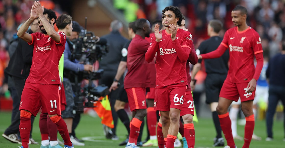 Liverpool's Mohamed Salah and Trent Alexander-Arnold thank the fans after the match. Photo: Reuters/Phil Noble