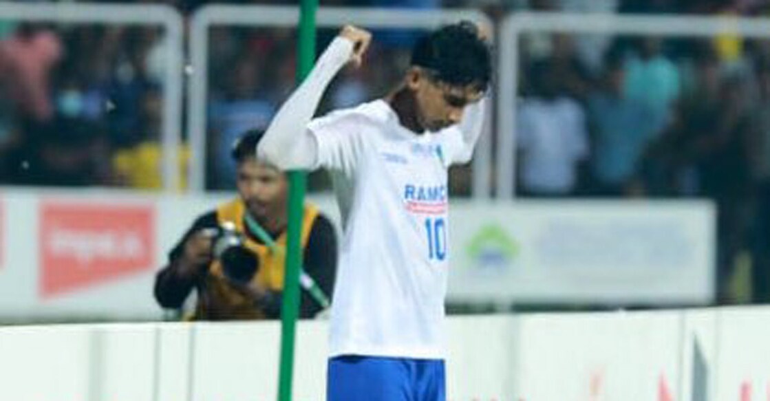 T K Jesin celebrates one of his five goals. Photo: Twitter@IndianFootball
