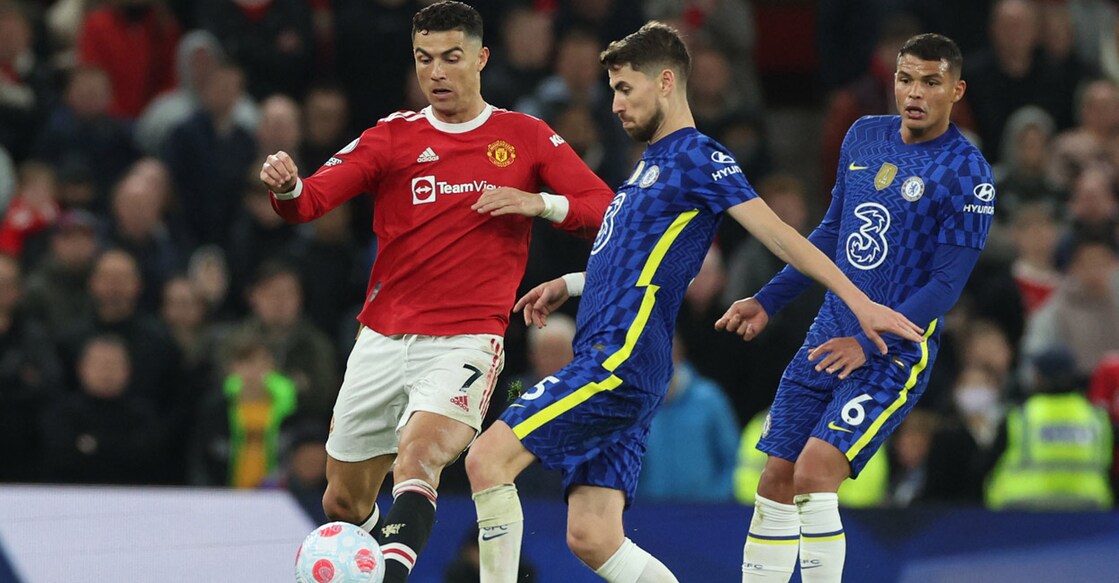 Manchester United's Cristiano Ronaldo in action with Chelsea's Jorginho. Photo:  Reuters/Phil Noble