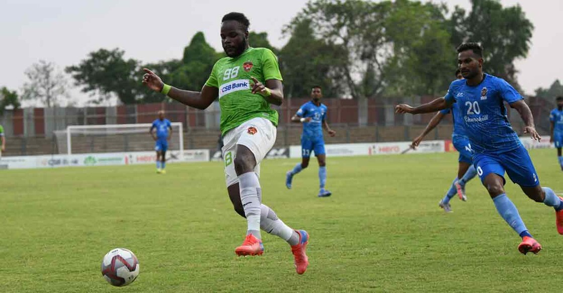 Jourdain Fletcher (left) of Gokulam Kerala in action against Churchill Brothers in the I-League at the Kalyani Stadium in Kolkata on Saturday. Photo: Special arrangement