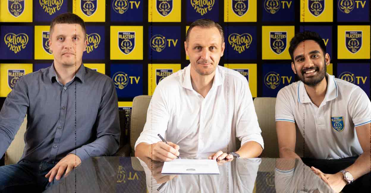 Ivan Vukomanovic Kerala Blasters Head Coach Ivan Vukomanovic is flanked by Sporting Director Karolis Skinkys (left) and Chairman Nikhil Bhardwaj.