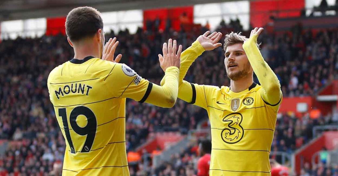 Chelsea's Mason Mount celebrates scoring their sixth goal, against Southampton, with Timo Werner at St Mary's Stadium on Saturday. Photo: Reuters