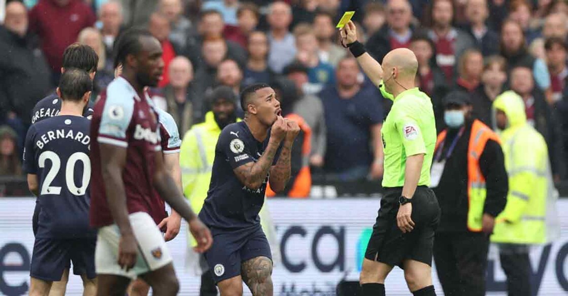 Manchester City's Gabriel Jesus is shown a yellow card by referee Anthony Taylor in their Premier League match against West Ham United. Photo: Reuters/Matthew Childs