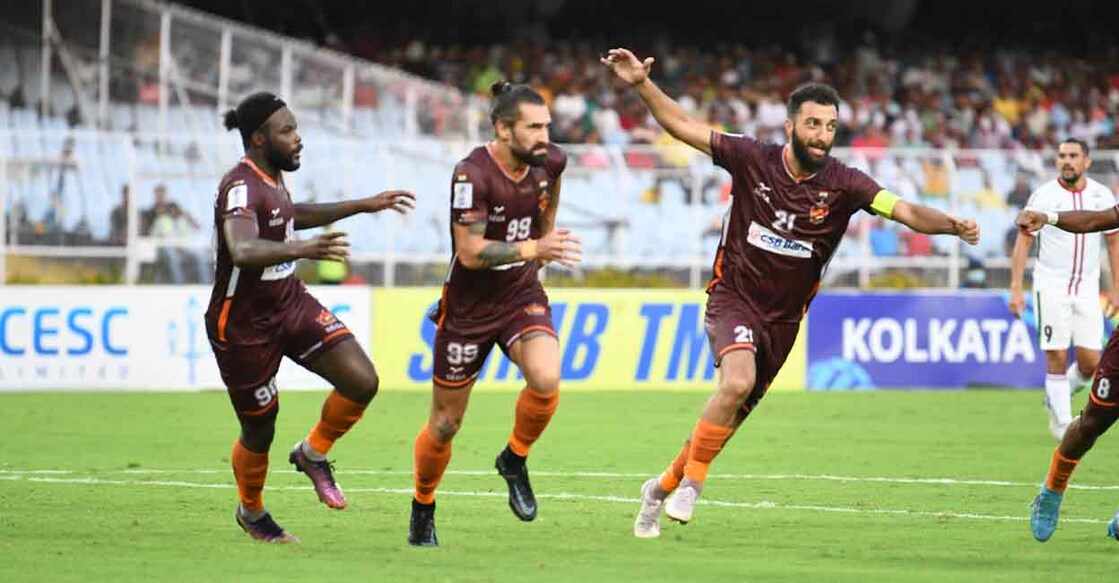 Luka Majcen (centre) celebrates a goal with his Gokulam Kerala teammates. Photo: Special arrangement