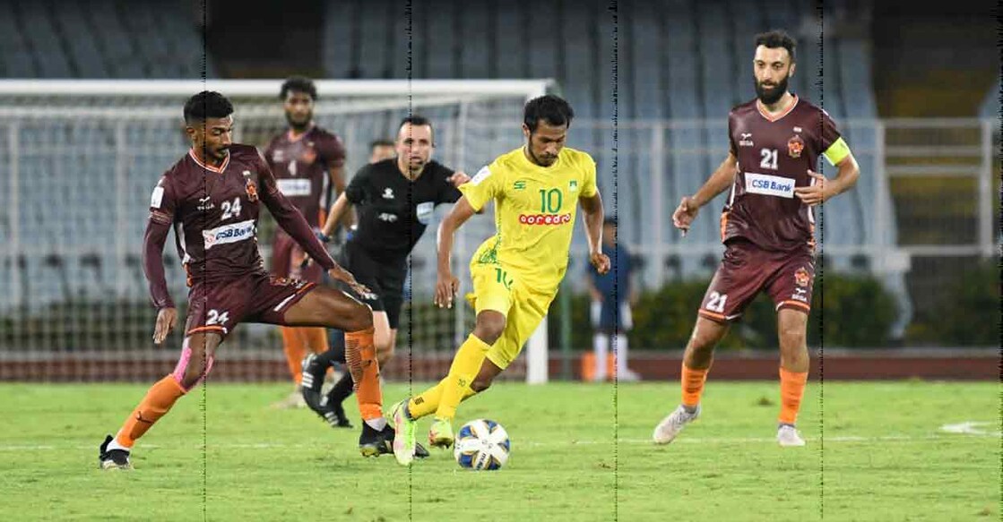 Action between Maziya (yellow) and Gokulam Kerala in the AFC Cup at VYBK Stadium in Kolkata on Saturday. Photo: Special arrangement