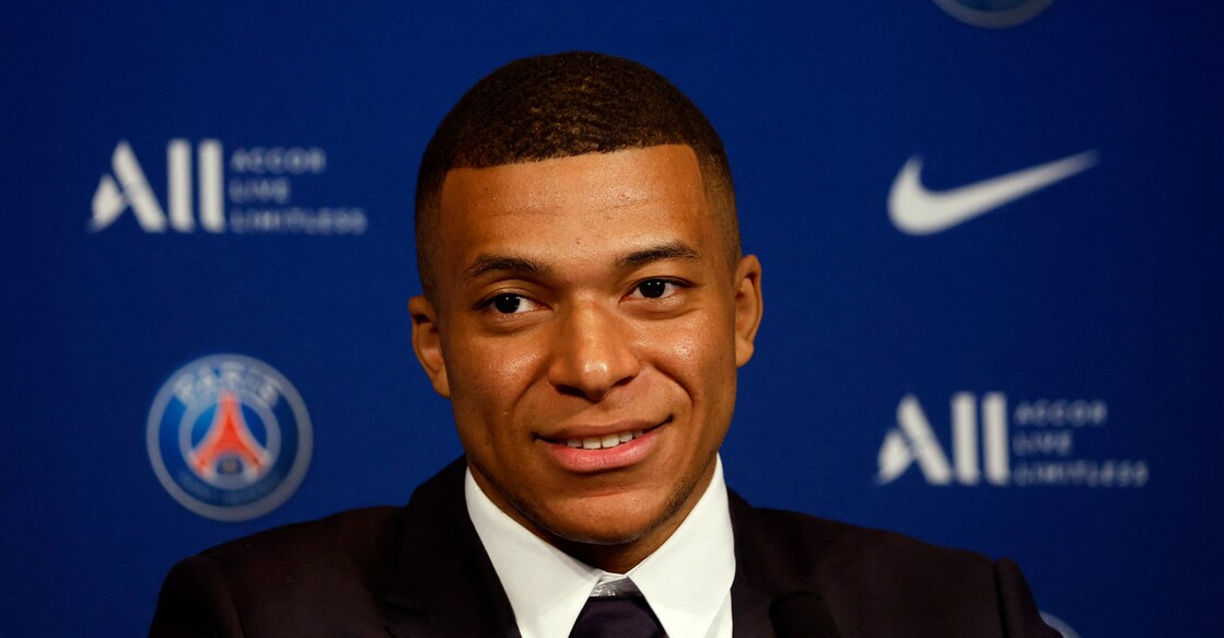 Kylian Mbappe during a press conference in Paris on Monday. Photo: Reuters/Christian Hartmann