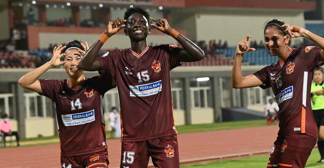 Gokulam Kerala Women celebrate a goal against Sethu FC. Photo: Special arrangement 