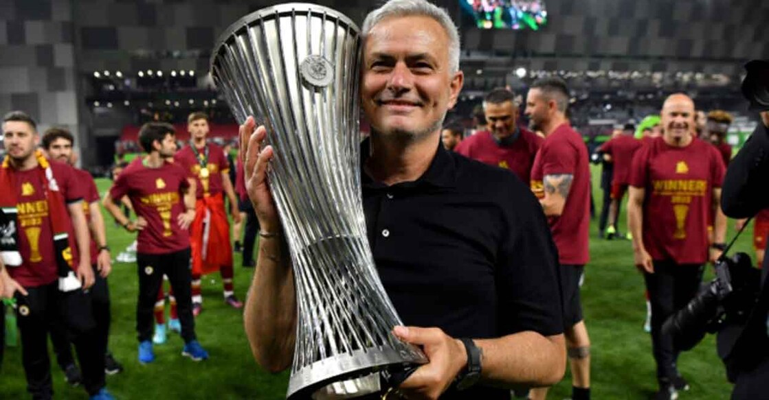 Jose Mourinho with the Conference League trophy. Photo: AFP/Getty