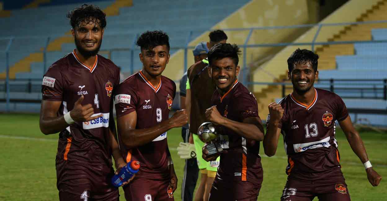 Gokulam Kerala Thahir Zaman (second from right) and his Gokulam Kerala teammates pose after their victory over NEROCA. Photo: Special arrangement