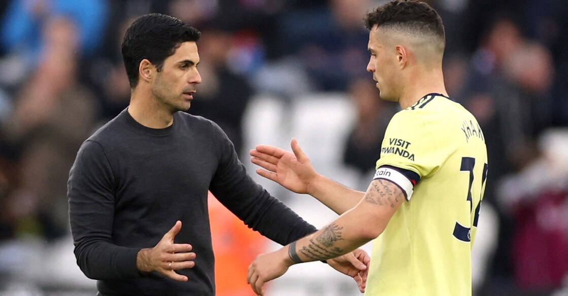 Arsenal manager Mikel Arteta and Granit Xhaka celebrate after the match  Premier League match against West Ham United. File photo: Action Images via Reuters/Matthew Childs
