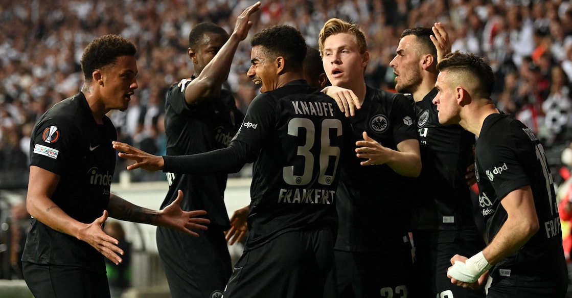 Frankfurt players celebrate their opening goal against West Ham. Photo: AFP/Christof Stac