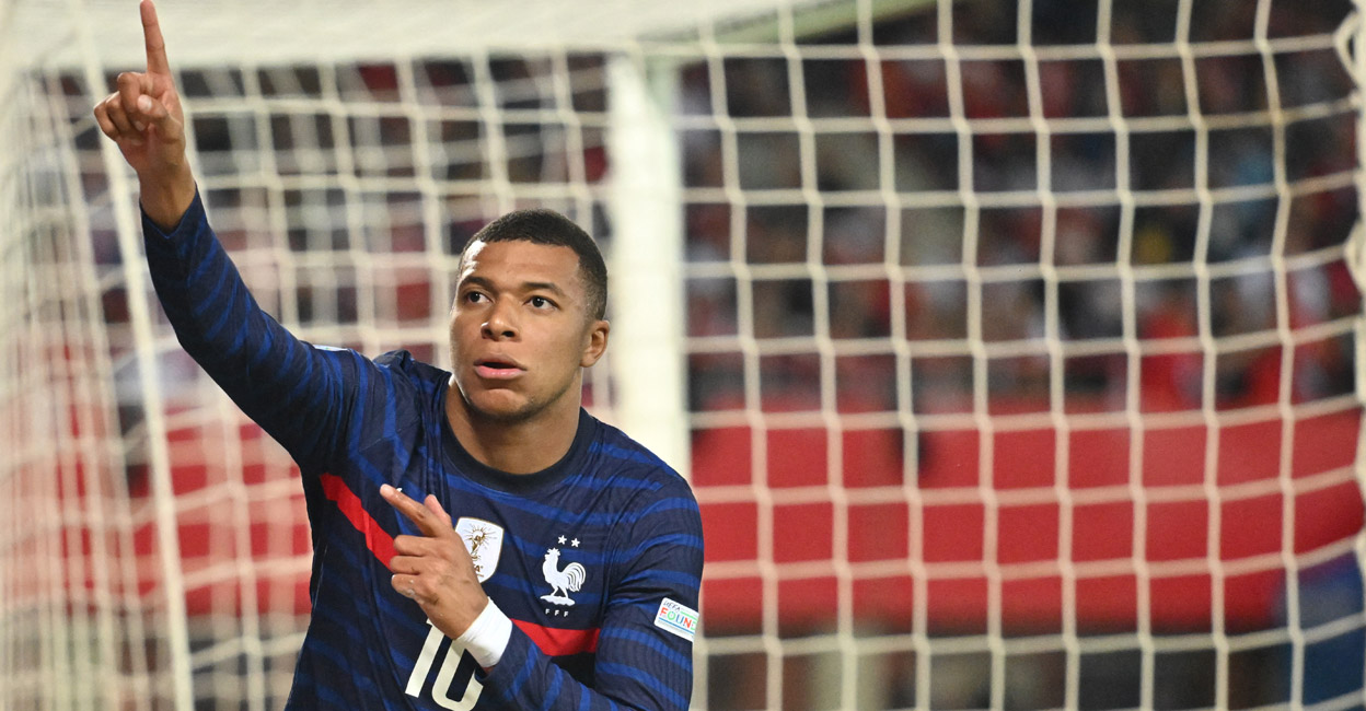 Kylian Mbappe celebrates his equaliser against Austria in Vienna on Friday. Photo: AFP/Joe Klamar