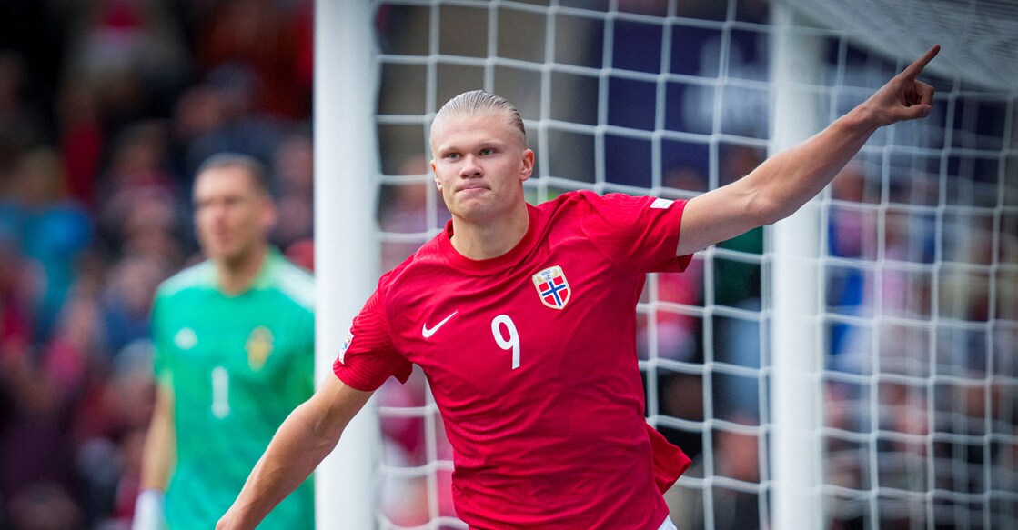 Erling Haaland exults after scoring a goal against Sweden in the Nations League on Sunday: Reuters/Beate Oma Dahlee