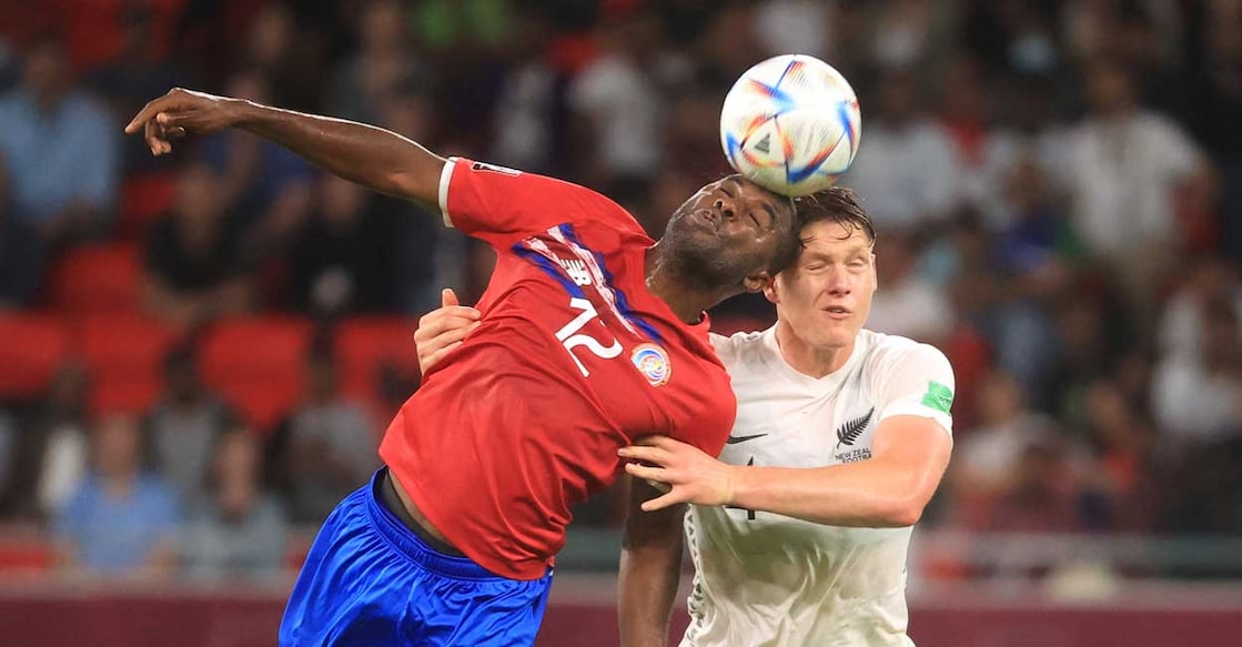 Costa Rica's Joel Campbell in action with New Zealand's Nando Pijnaker. Photo: Mohammed Dabbous/Reuters