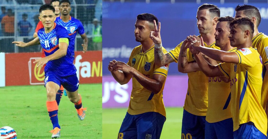L-R: Captain Sunil Chhetri in Indian football team colours. Kerala Blasters players during an ISL match. Photos: Agencies/ PTI