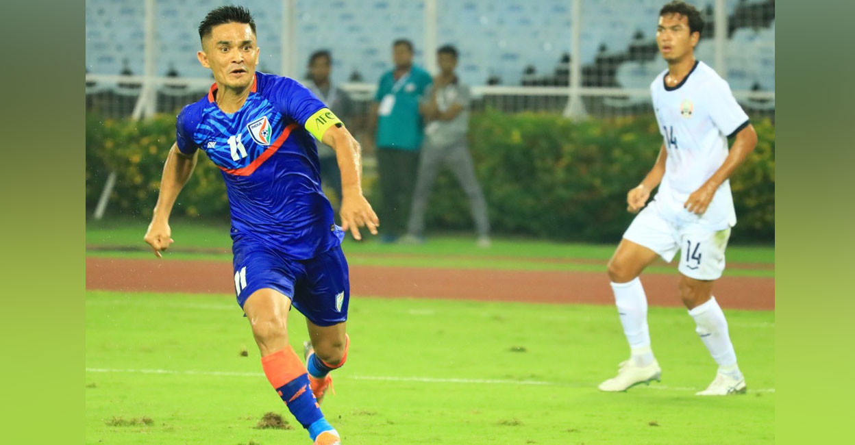 Sunil Chhetri Indian captain Sunil Chhetri in action against Cambodia. Photo: Twitter/ @IndianFootball