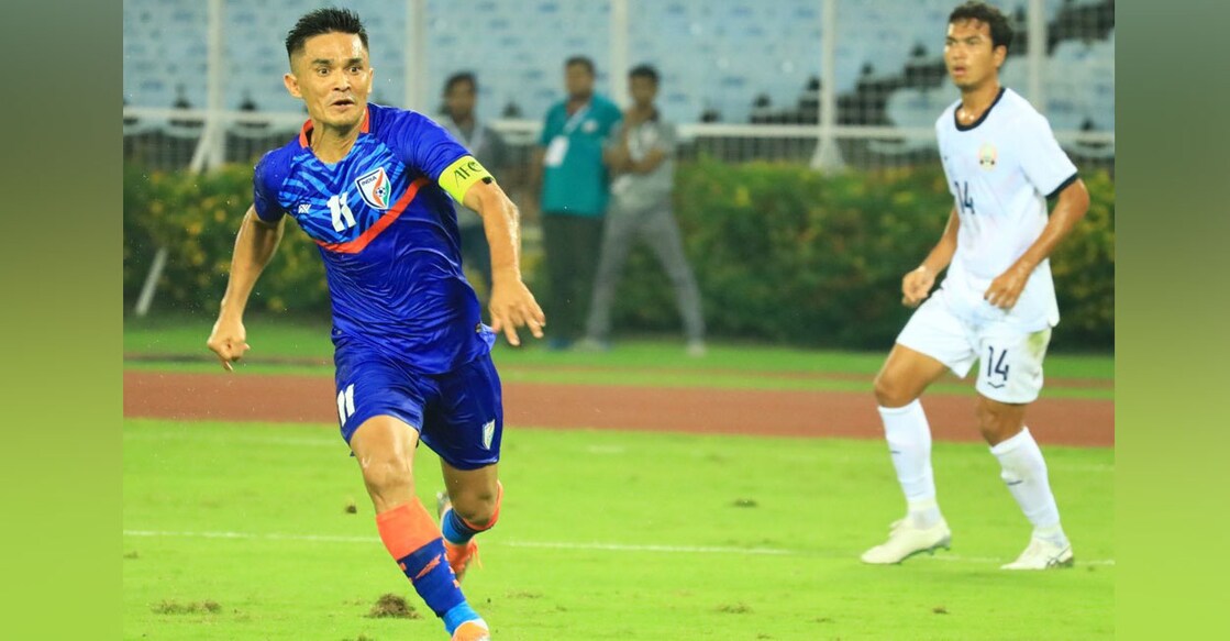 Indian captain Sunil Chhetri in action against Cambodia. Photo: Twitter/ @IndianFootball