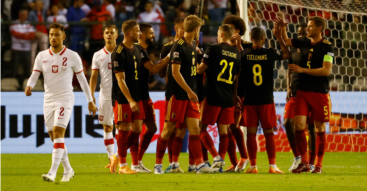 Blegium Belgium players celebrate scoring their fourth goal. Photo: Reuters /Yves Herman