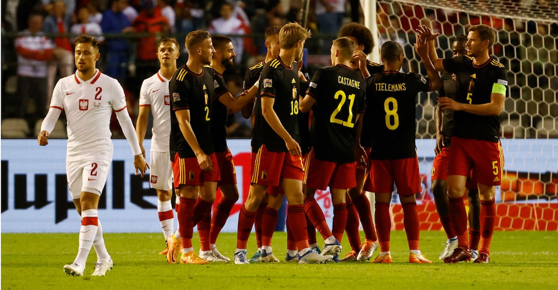 Belgium players celebrate scoring their fourth goal. Photo: Reuters /Yves Herman