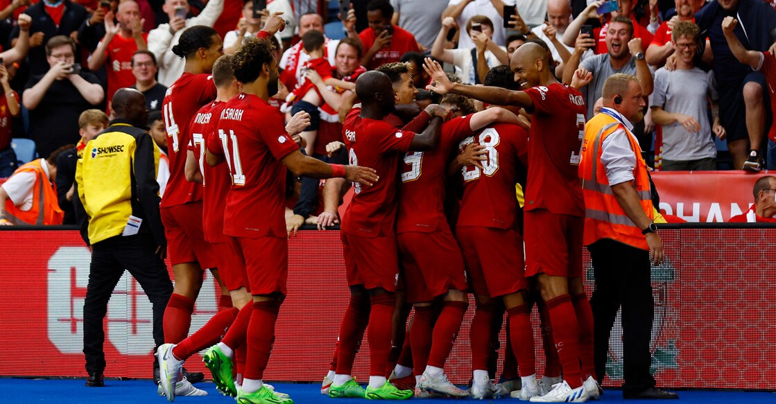 Liverpool celebrate scoring their third goal with teammates. Photo:Action Images via Reuters/Andrew Boyers