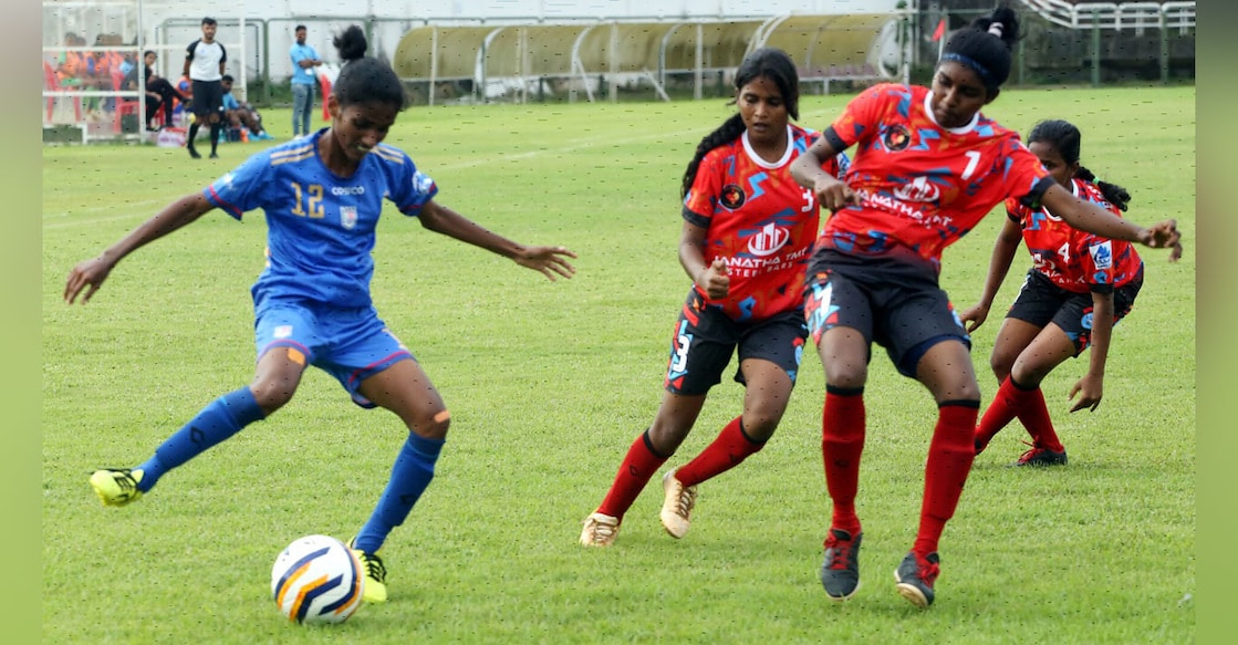 Action from a match in the Kerala Women's League at the Corporation Stadium in Kozhikode on Thursday. Photo: Special arrangement