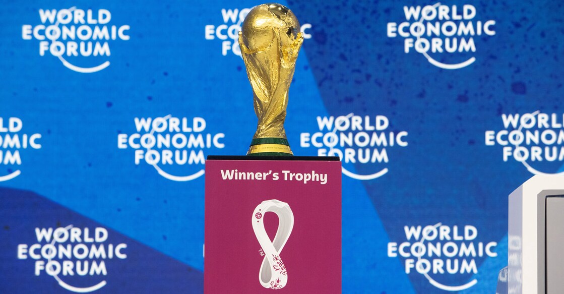 The FIFA World Cup trophy is displayed during a panel discussion at the World Economic Forum 2022 in Davos, Switzerland, on May 23, 2022. File photo: Reuters/Arnd Wiegmann