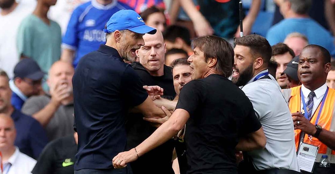 Chelsea manager Thomas Tuchel clashes with Tottenham Hotspur manager Antonio Conte. Reuters/Paul Childs