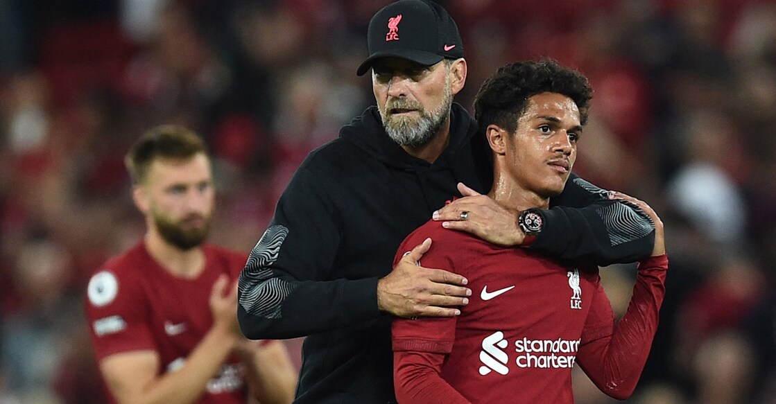 Liverpool manager Juergen Klopp and Liverpool's Fabio Carvalho after the match. Photo: Reuters/Peter Powell