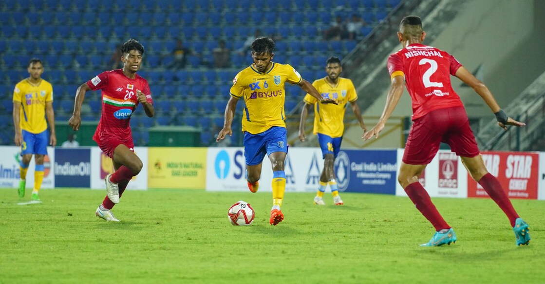 Action between Kerala Blasters (yellow) and Sudeva FC in the Durand Cup at Guwahati. Photo: Special arrangement