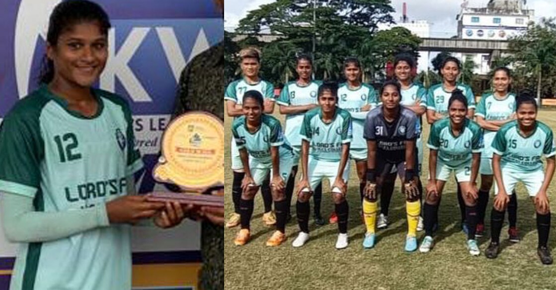 Indumathi Kathiresan (left) poses with the player-of-the-match award. Lords FA playing XI.