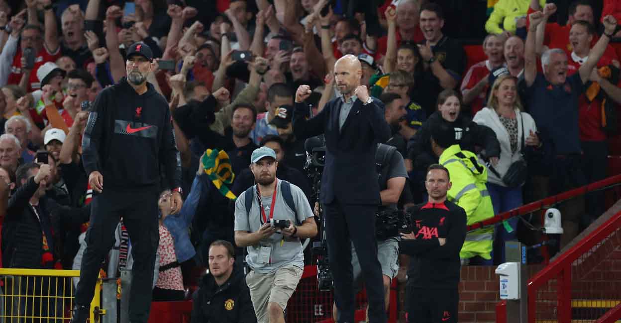 SOCCER-ENGLAND-MUN-LIV-REPORT Manchester United manager Erik ten Hag celebrates after the match. Photo: REUTERS/Phil Noble