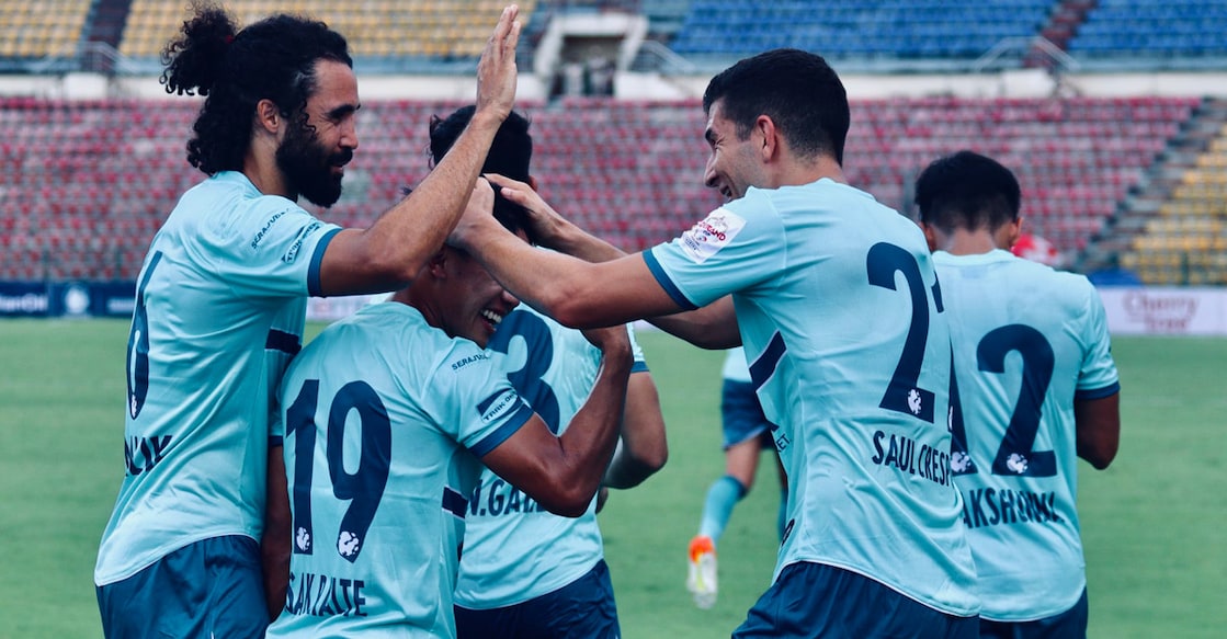 Odisha FC players celebrate scoring a goal. Photo: Twitter@OdishaFC