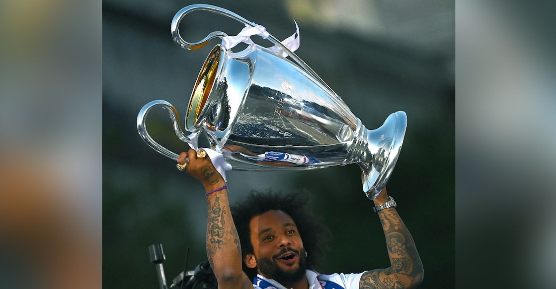 In this file photo from May 29, 2022, Real Madrid's Brazilian defender Marcelo lifts the Champions League trophy. Photo: AFP/ Gabriel Bouys