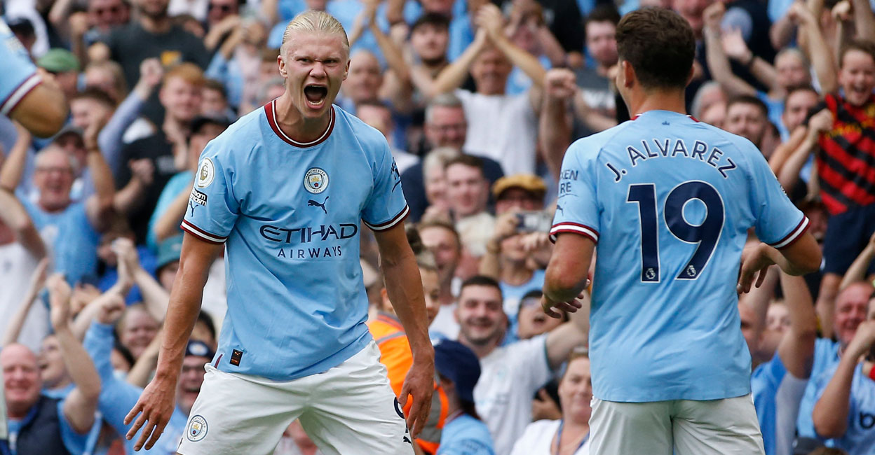 SOCCER-ENGLAND-MCI-CRY-REPORT Manchester City's Erling Braut Haaland celebrates scoring their fourth goal. Photo: Reuters/ Craig Brough