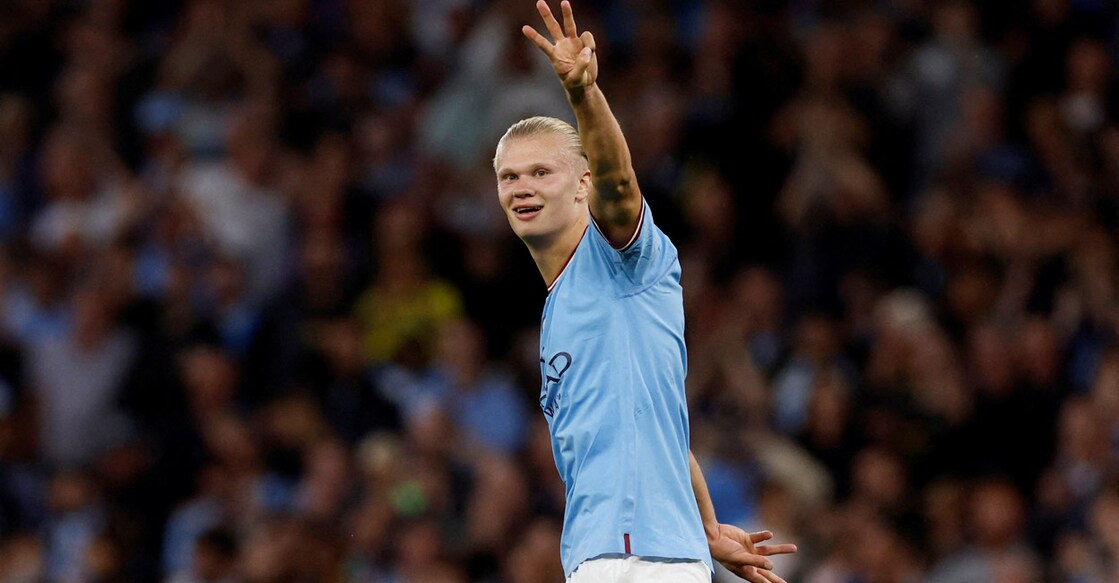 Manchester City's Erling Haaland celebrates scoring their third goal.completing his hat-trick. Photo: Action Images via Reuters/Jason Cairnduff