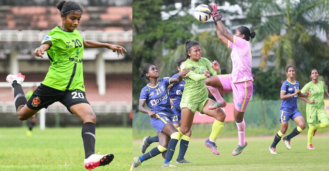 Soniya Jose of Gokulam Kerala in action against Emirates SC (left). Action between Kerala Blasters (blue) and Kerala United. Photos: Special arrangement