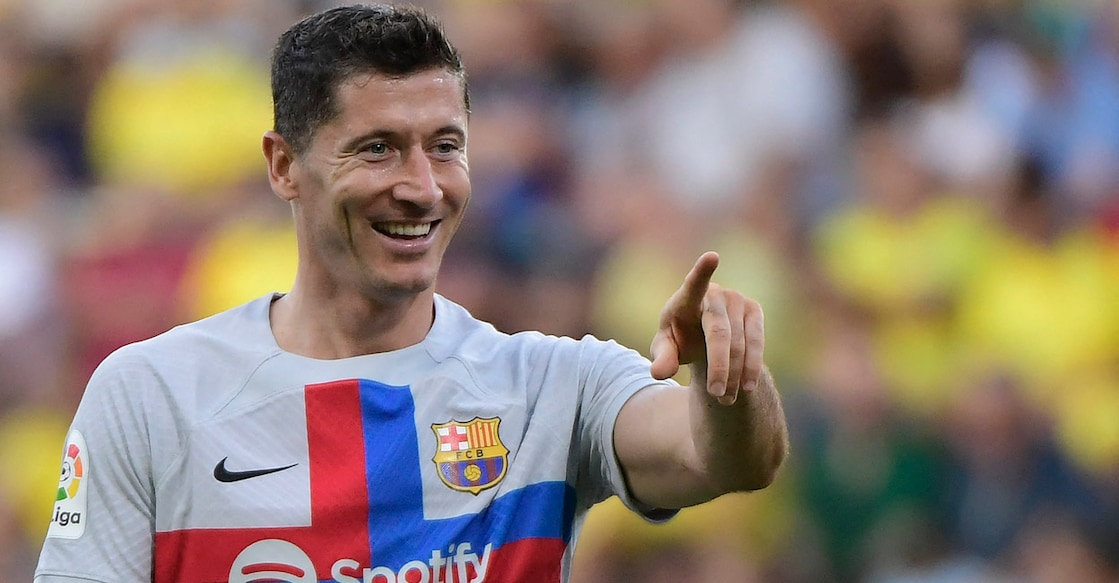 Barcelona's Robert Lewandowski celebrates after scoring his team's second goal. Photo: AFP/Cristina Quicler 