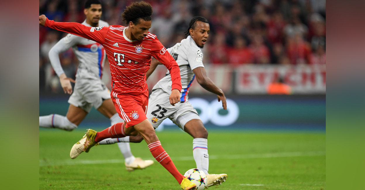 SOCCER-CHAMPIONS-BAY-FCB-REPORT Bayern Munich's Leroy Sane scores their second goal in Bayern Munich v FC Barcelona match at Champions League on Sept 13, 2022. Photo: REUTERS/Andreas Gebert