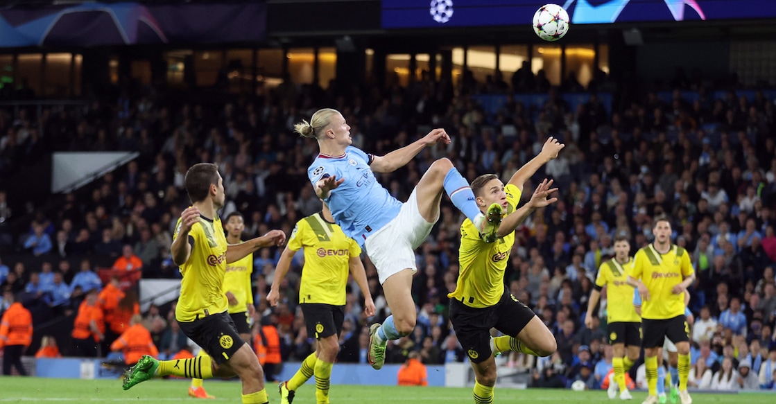 Manchester City's Erling Braut Haaland scores their second goal in Manchester City v Borussia Dortmund match on September 14, 2022. Photo: Action Images via Reuters/Carl Recine