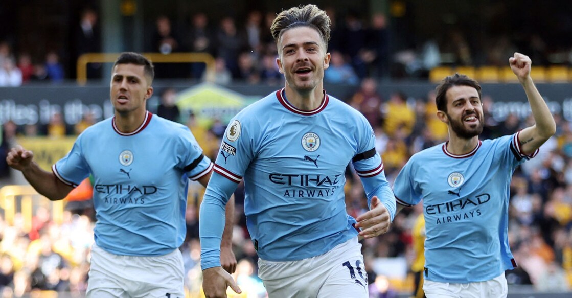 Manchester City's Jack Grealish celebrates scoring their first goal with Bernardo Silva and Rodri. Photo: Reuteres/ Carl Recine