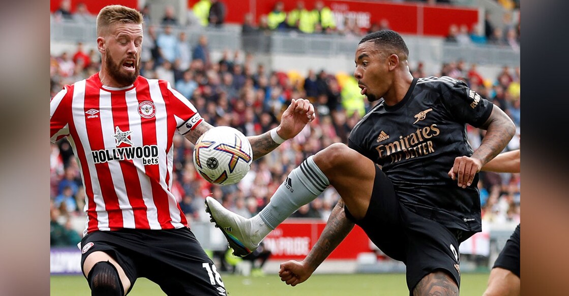 Arsenal's Brazilian striker Gabriel Jesus (right) vies with Brentford's Swedish defender Pontus Jansson during their English Premier League match at the Gtech Community Stadium in London on Sunday. Photo: AFP/ Ian Kington 
