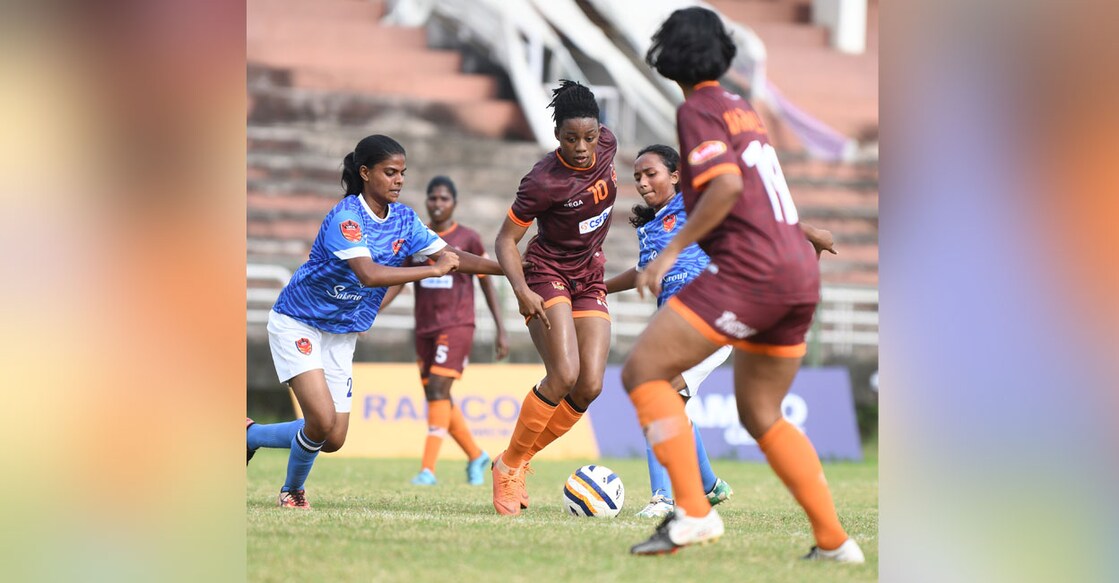 Action between Gokulam Kerala (maroon) and SB FA Poovar in the Kerala Women's League in Kozhikode on Sunday. Photo: Special arrangement