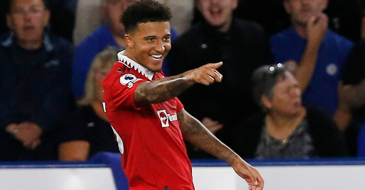 Manchester United's Jadon Sancho celebrates scoring their first goal. Photo: Reuters/Craig Brough