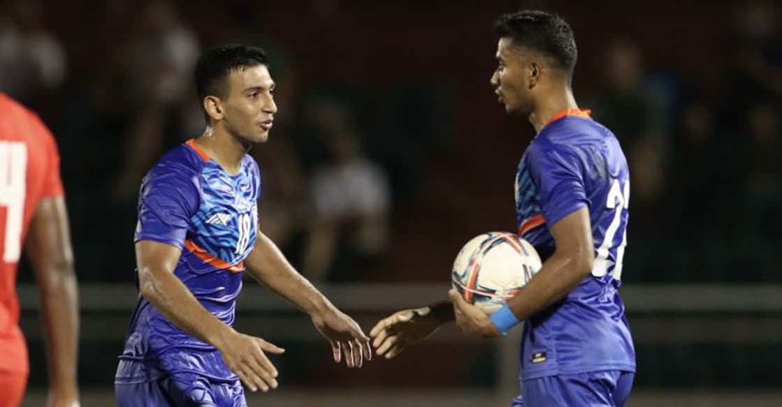 India's Sahal Abdul Samad (left) and goalscorer Ashique Kuruniyan during the match against Singapore in Ho Chi Minh City, Vietnam on Saturday. Photo: AIFF