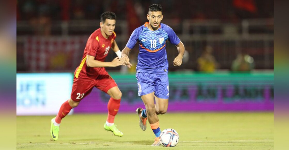 India's Malayali player Sahal Abdul Samad (blue) in action against hosts Vietnam during a friendly match in Ho chi Minh City on Tuesday. Photo: AIFF