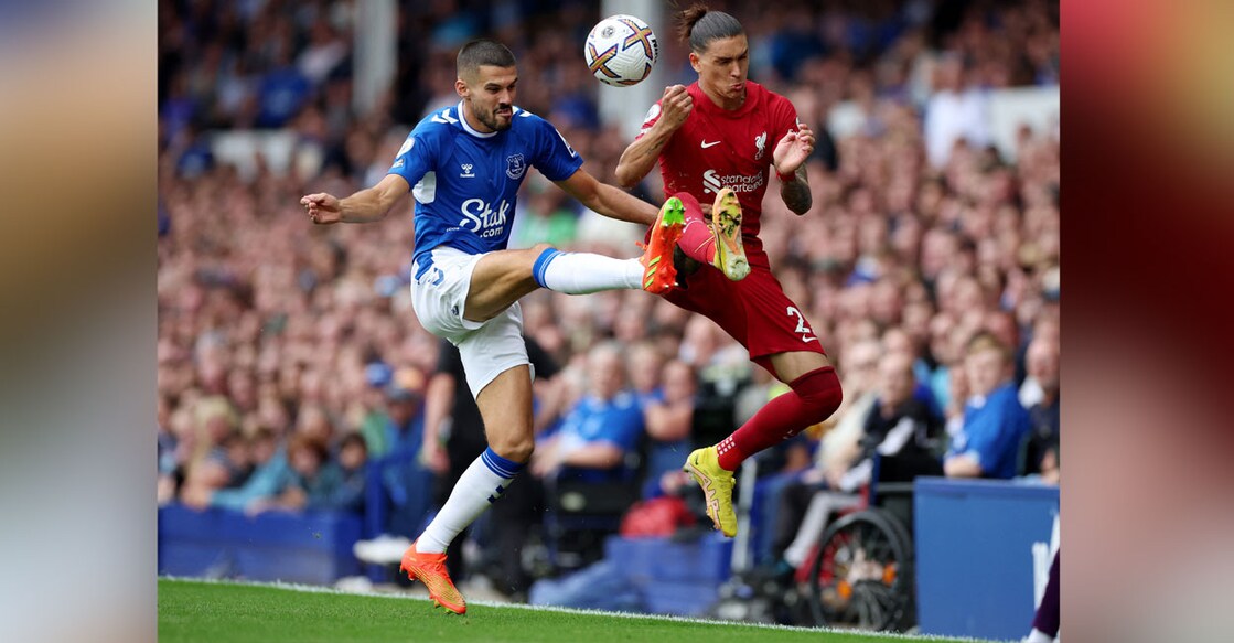 Liverpool's Darwin Nunez in action with Everton's Conor Coady. Photo: Reuters/ Phil Noble