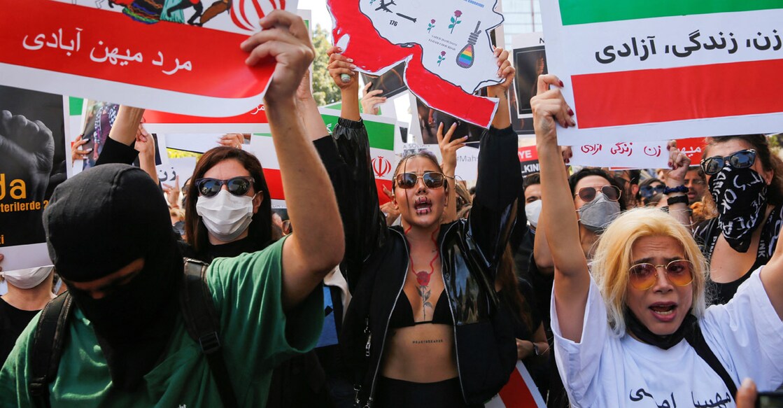 Demonstrators shout slogans during a protest following the death of Mahsa Amini in Iran, near the Iranian consulate in Istanbul on Thursday. Photo: Reuters/Dilara Senkaya